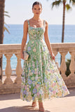 Vestido Midi A-Line 3D Espartilho Verde Espartilho Quadrado
