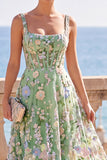 Vestido Midi A-Line 3D Espartilho Verde Espartilho Quadrado