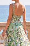 Vestido Midi A-Line 3D Espartilho Verde Espartilho Quadrado