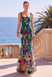 Vestido Maxi de Sereia com bordado quadrado verde escuro com bordado quadrado e apliques 3D