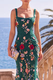 Vestido Maxi de Sereia com bordado quadrado verde escuro com bordado quadrado e apliques 3D