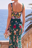 Vestido Maxi de Sereia com bordado quadrado verde escuro com bordado quadrado e apliques 3D