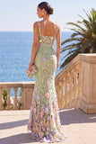 Vestido Maxi de Sereia com bordado quadrado verde escuro com bordado quadrado e apliques 3D