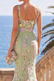 Vestido Maxi de Sereia com bordado quadrado verde escuro com bordado quadrado e apliques 3D