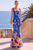 Vestido Maxi de Sereia com bordado quadrado verde escuro com bordado quadrado e apliques 3D