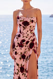 Vestido Maxi de Forma Vermelha Rosa Flor Vermelha Franzida Sem Alças Sem Fita