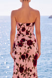 Vestido Maxi de Forma Vermelha Rosa Flor Vermelha Franzida Sem Alças Sem Fita