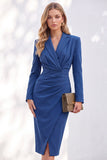 Vestido de trabalho Midi com Lapela Entalhada e Faixa Azul