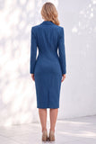 Vestido de trabalho Midi com Lapela Entalhada e Faixa Azul