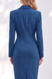 Vestido de trabalho Midi com Lapela Entalhada e Faixa Azul
