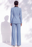 Xaile Azul Ajustado com Lapela, Fatos Compridos de Mulher com Flores 3D