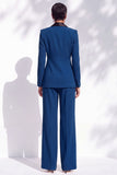 Xaile Azul Ajustado com Lapela, Fatos Compridos de Mulher com Flores 3D