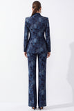 Fatos femininos de gola mandarim azul-escuros com colarinho ajustado Jacquard com bolsos