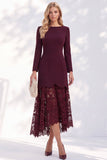Vestido de trabalho midi de decote bato, decote de bata com bainha e vinha de bordô, renda