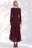 Vestido de trabalho midi de decote bato, decote de bata com bainha e vinha de bordô, renda