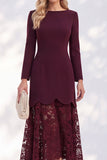 Vestido de trabalho midi de decote bato, decote de bata com bainha e vinha de bordô, renda