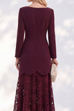 Vestido de trabalho midi de decote bato, decote de bata com bainha e vinha de bordô, renda
