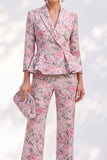 Fato de mulher de seios simples com 2 peplum com estampas cor-de-rosa com pico estampado com pico de 2 peças