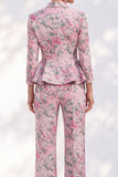Fato de mulher de seios simples com 2 peplum com estampas cor-de-rosa com pico estampado com pico de 2 peças