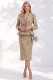Vestido de trabalho Midi dourado de 2 peças com decote em V e acabamento desfiado