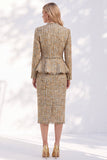 Vestido de trabalho Midi dourado de 2 peças com decote em V e acabamento desfiado