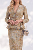 Vestido de trabalho Midi dourado de 2 peças com decote em V e acabamento desfiado