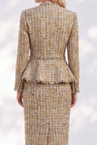 Vestido de trabalho Midi dourado de 2 peças com decote em V e acabamento desfiado