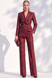 Fatos Longos de Mulher de Peito Duplo Floral Jacquard Peak de Vermelho Escuro