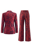 Fatos Longos de Mulher de Peito Duplo Floral Jacquard Peak de Vermelho Escuro