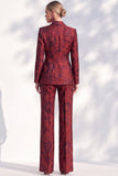 Fatos Longos de Mulher de Peito Duplo Floral Jacquard Peak de Vermelho Escuro