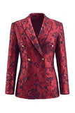 Fatos Longos de Mulher de Peito Duplo Floral Jacquard Peak de Vermelho Escuro