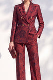 Fatos Longos de Mulher de Peito Duplo Floral Jacquard Peak de Vermelho Escuro