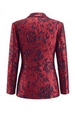 Fatos Longos de Mulher de Peito Duplo Floral Jacquard Peak de Vermelho Escuro