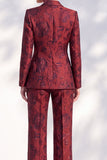 Fatos Longos de Mulher de Peito Duplo Floral Jacquard Peak de Vermelho Escuro