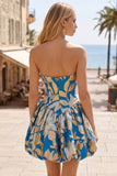 Vestido curto de regresso a casa, Jacquard com bainha de bolhas azul, linhas franzidas, sem alças,