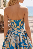 Vestido curto de regresso a casa, Jacquard com bainha de bolhas azul, linhas franzidas, sem alças,