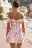 Vestido Curto de Finalistas, Rosa de Ombros Descobertos, Floral A-Line