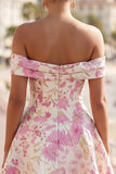 Vestido Curto de Finalistas, Rosa de Ombros Descobertos, Floral A-Line
