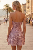 Blush Sequins A-Line Floral Strapless Vestido Curto de Regresso a Casa
