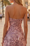 Blush Sequins A-Line Floral Strapless Vestido Curto de Regresso a Casa