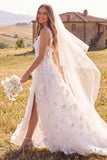 Vestido de noiva branco A-Line Scoop 3D Flor Maxi Corset Elopement com Fenda Lateral