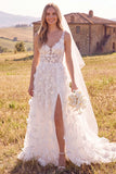 Vestido de noiva branco A-Line Scoop 3D Flor Maxi Corset Elopement com Fenda Lateral