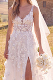 Vestido de noiva branco A-Line Scoop 3D Flor Maxi Corset Elopement com Fenda Lateral