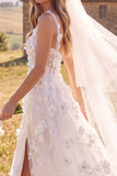 Vestido de noiva branco A-Line Scoop 3D Flor Maxi Corset Elopement com Fenda Lateral