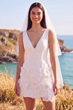 Vestido de Noiva Curto Elopement 3D com Flor 3D Branco Sheath