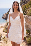 Vestido de Noiva Mini Elopement Branco de Decote em V com Flor 3D