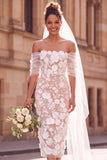 Vestido de Noiva Midi Elopement Floral Branco Com Ombro Descoberto