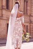 Vestido de Noiva Midi Elopement Floral Branco Com Ombro Descoberto