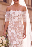 Vestido de Noiva Midi Elopement Floral Branco Com Ombro Descoberto