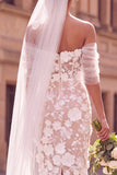Vestido de Noiva Midi Elopement Floral Branco Com Ombro Descoberto